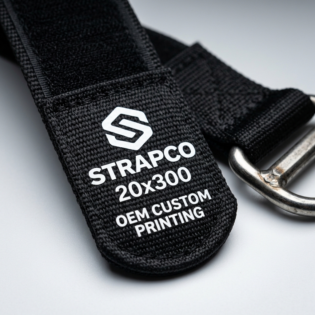 Macro detail of silkscreen printed logo and 20x300 size specification on strap tip