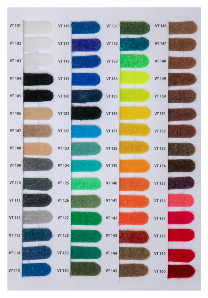 Official VT 101 to VT 160 Hook and Loop 60-Color Shade Card Swatch Chart