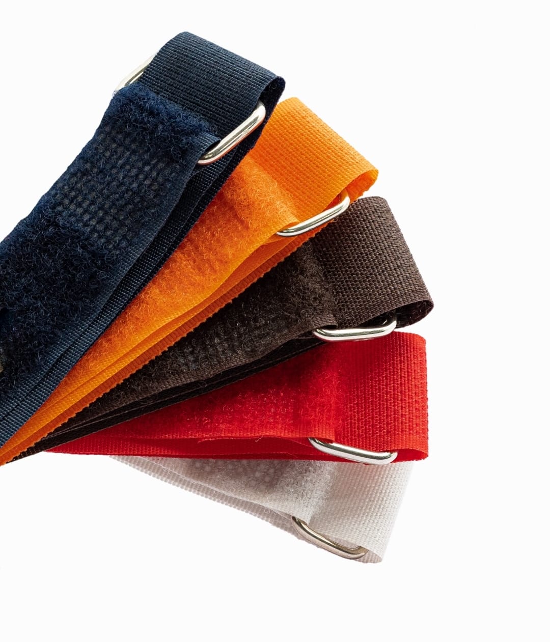Fanned nylon webbing straps in navy, orange, brown, red, and white, each fitted with a metal D-ring.